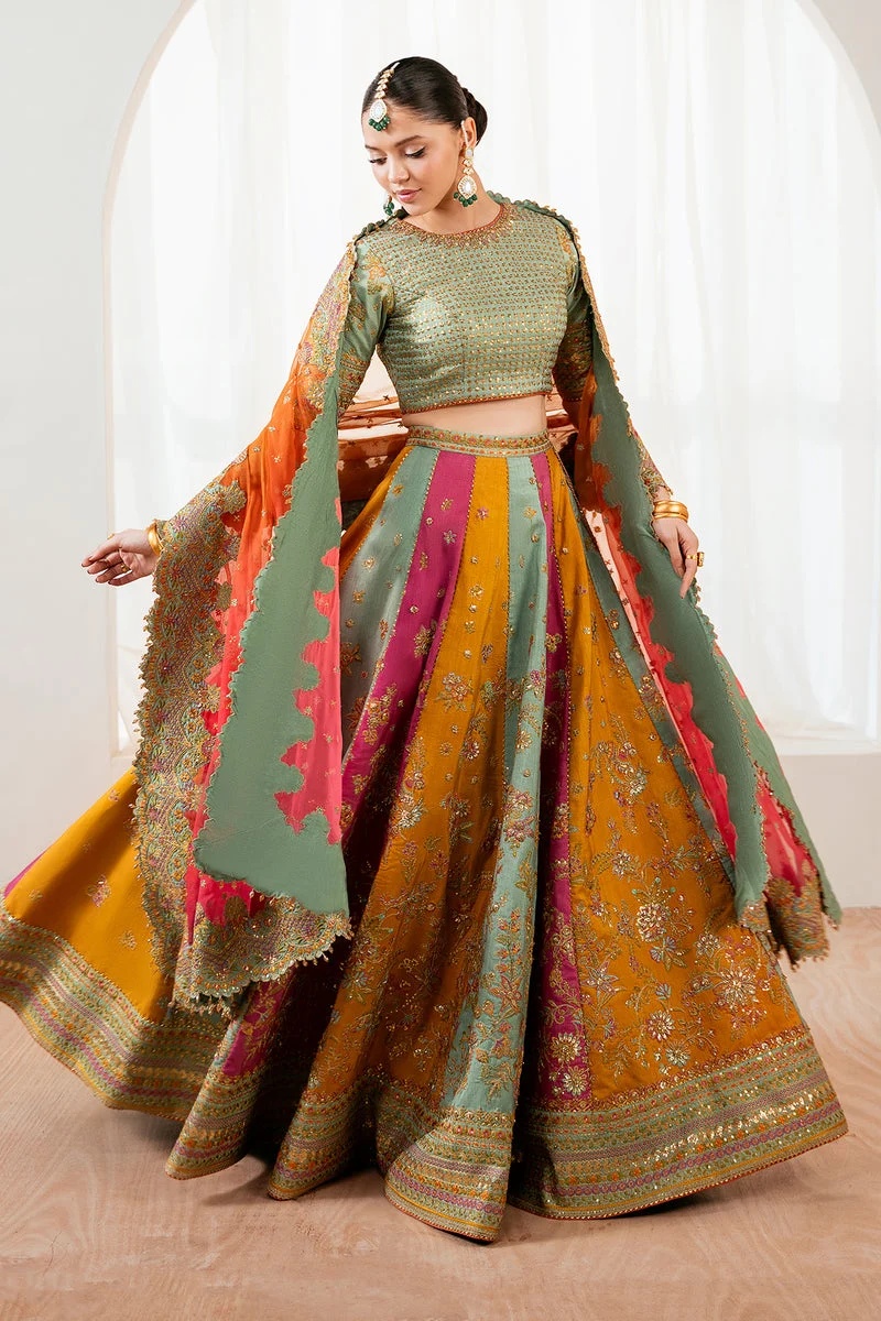 BAROQUE MEHNDI MULTI Pakistani fashion outfit in mustard, pink, aqua…